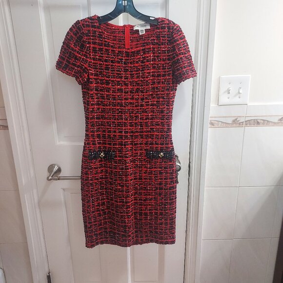 St. John Red Black Silver Short Sleeve Tweed Dress - Picture 1 of 9